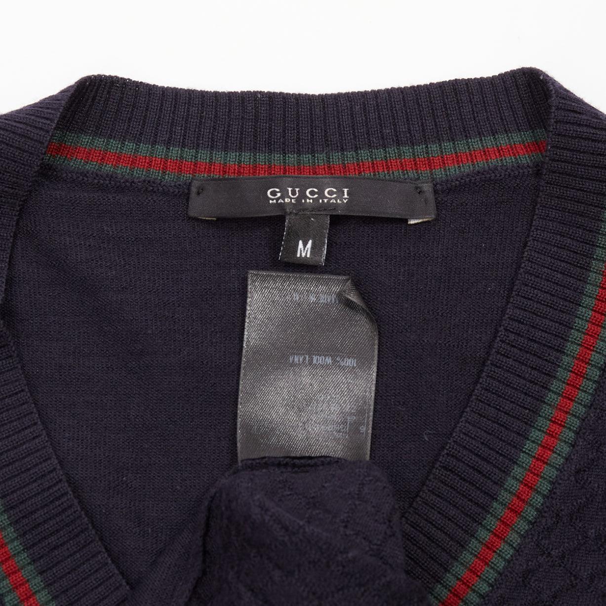 GUCCI navy 100% wool green red web v neck long sleeve sweater M For Sale 4