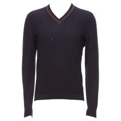 GUCCI navy 100% wool green red web v neck long sleeve sweater M