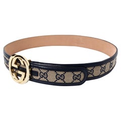 Gucci Navy & Beige Gold Tone- GG Supreme Monogram Canvas & Leather Belt