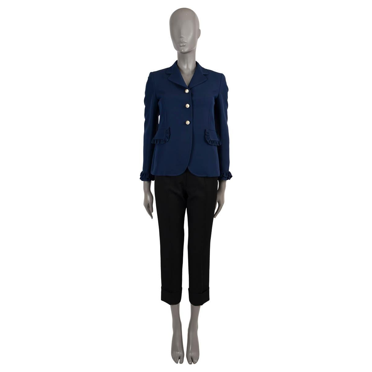 Women's GUCCI navy blue 2016 PEARL BUTTON RUFFLED CREPE Blazer Jacket 38 XS For Sale