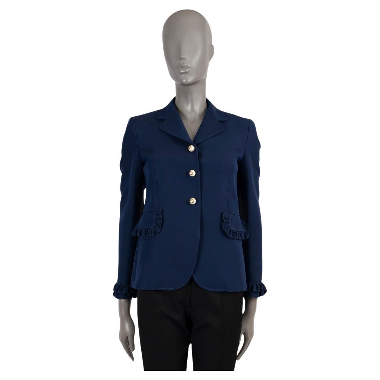 GUCCI navy blue 2016 PEARL BUTTON RUFFLED CREPE Blazer Jacket 38 XS For Sale