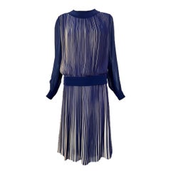 Gucci Navy Blue and Cream Silk Knife Pleat Skirt Set, 1970s