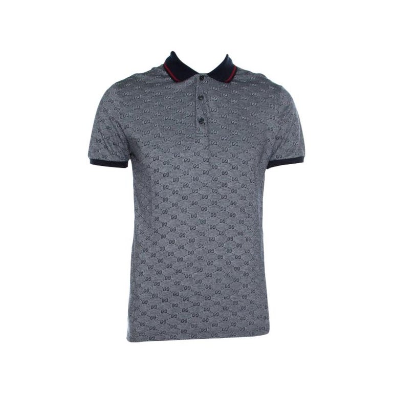 Gucci Navy Blue and White Monogram Jacquard Knit Polo T-Shirt L For ...
