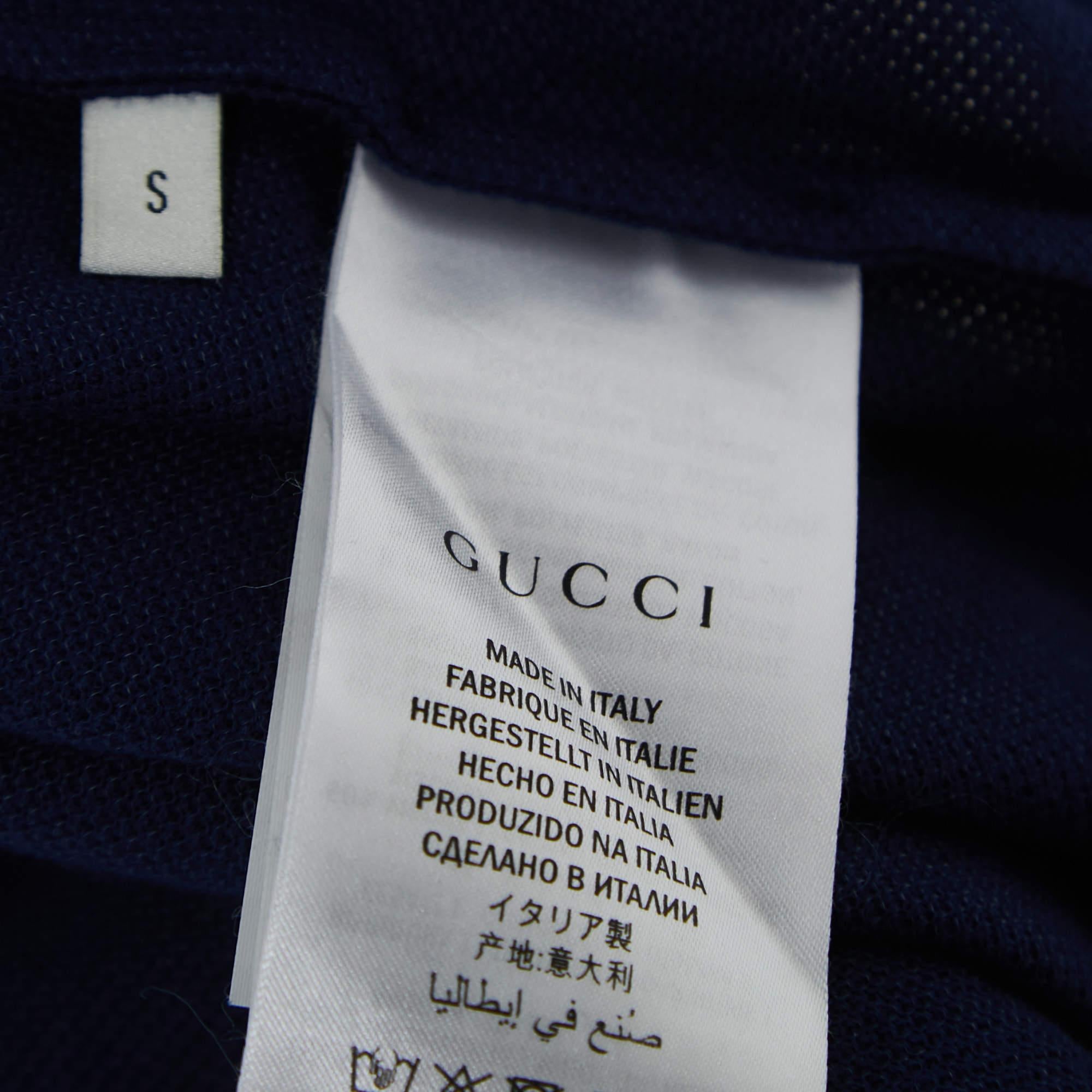 Gucci Navy Blue Bee Embroidered Cotton Gucci Animalium Polo T-Shirt S In Good Condition In Dubai, Al Qouz 2