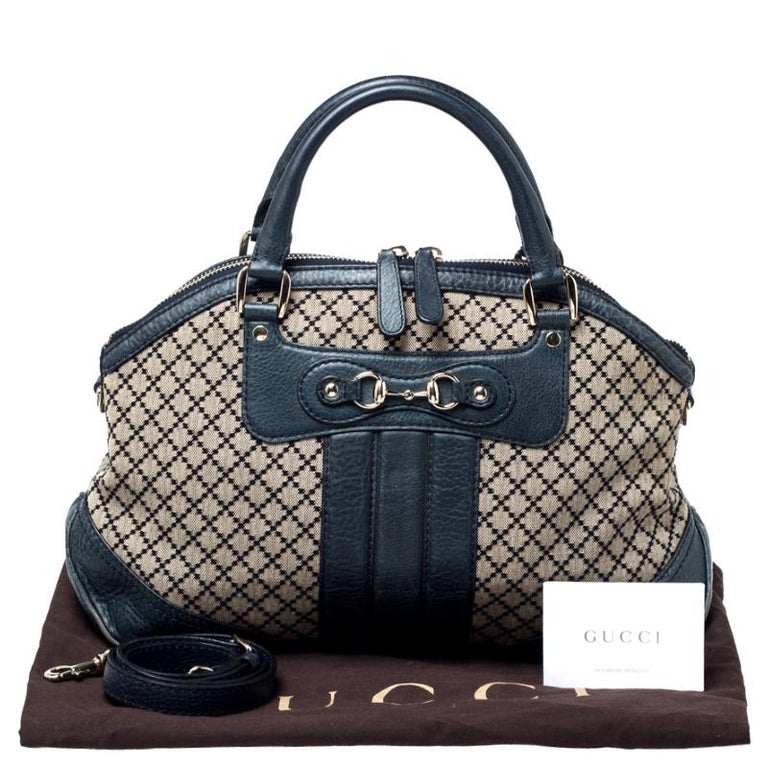 Gucci Navy Blue/Beige Diamante Canvas and Leather Catherine Satchel For Sale at 1stdibs