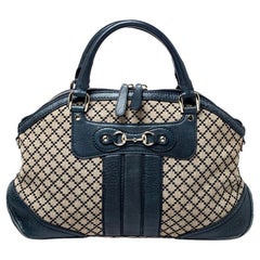 Gucci Navy Blue/Beige Diamante Canvas and Leather Catherine Satchel