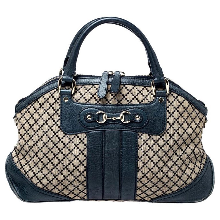 Gucci Navy Blue/Beige Diamante Canvas and Leather Catherine Satchel For Sale at 1stdibs