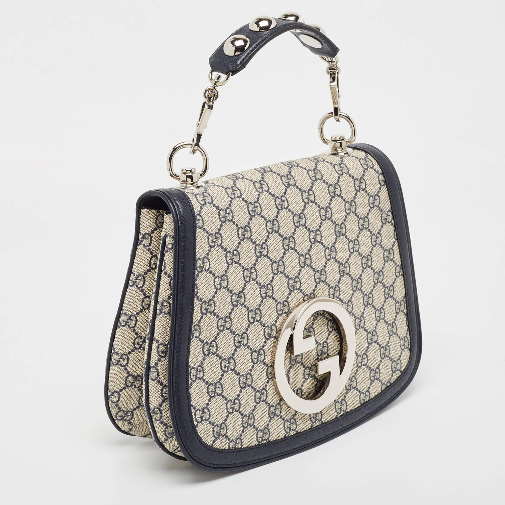 Women's Gucci Navy Blue/Beige GG Supreme Canvas and Leather Blondie Top Handle Bag