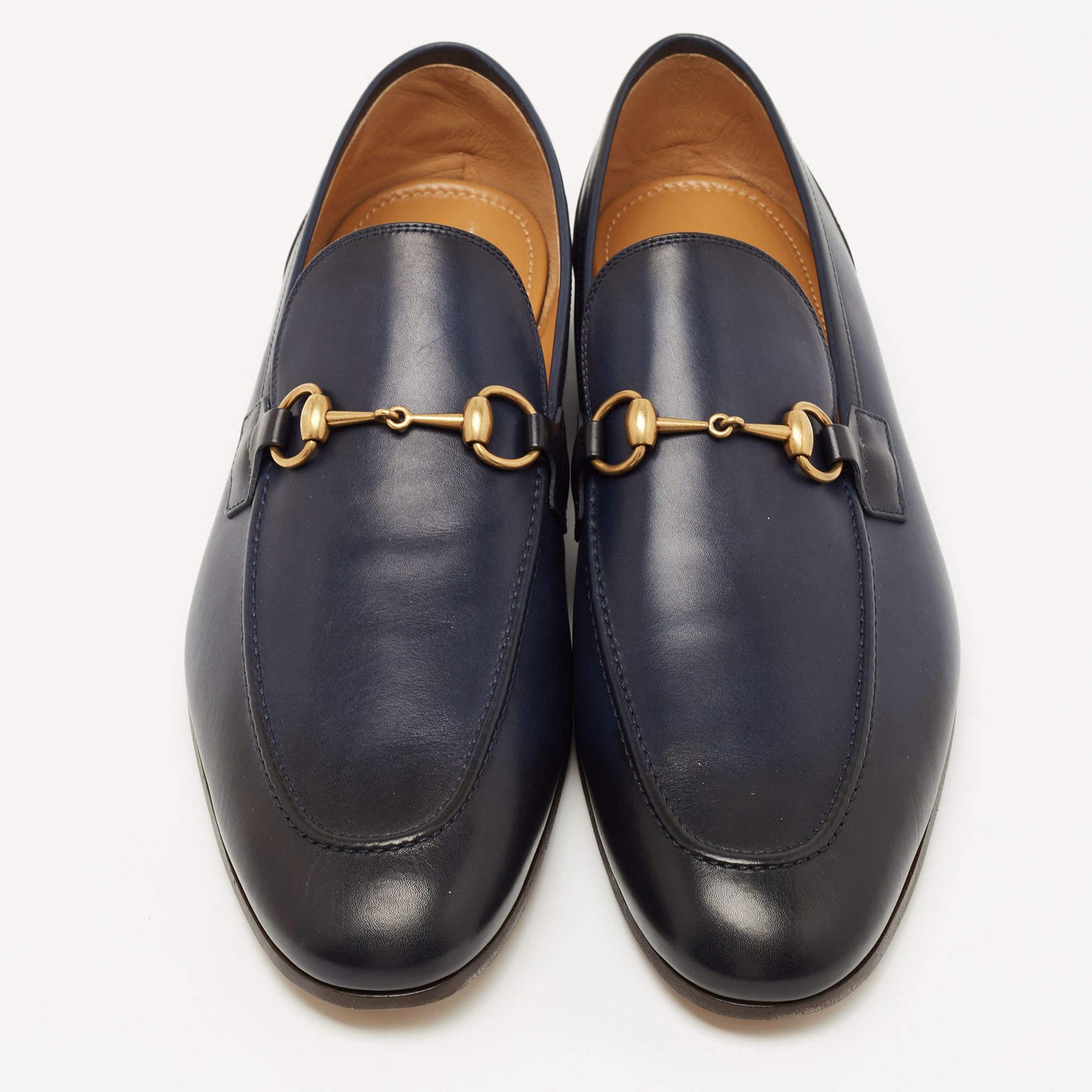 Gucci Navy Blue/Black Leather Jordaan Loafers Size 47 In New Condition In Dubai, Al Qouz 2