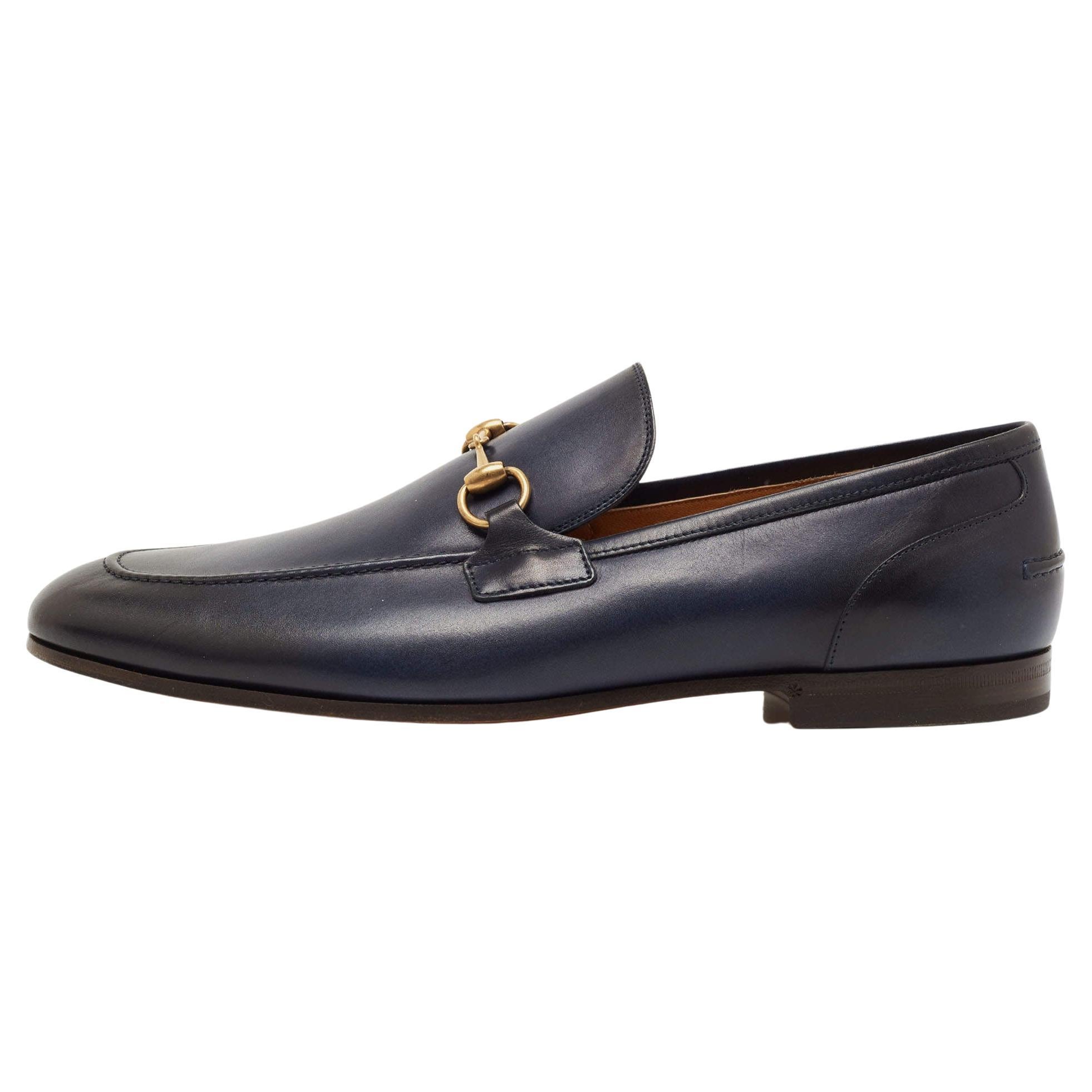 Gucci Navy Blue/Black Leather Jordaan Loafers Size 47
