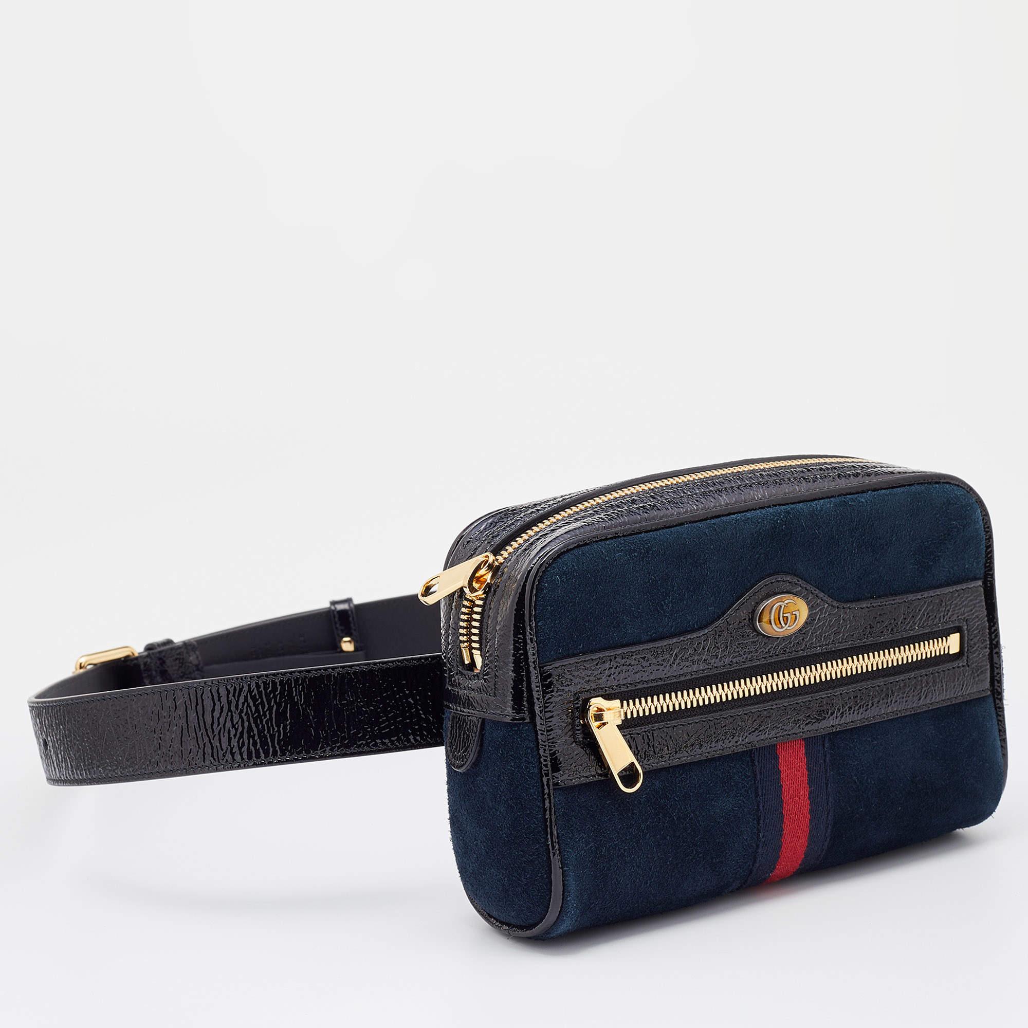 Gucci Navy Blue/Black Suede and Patent Leather GG Ophidia Belt Bag In New Condition In Dubai, Al Qouz 2