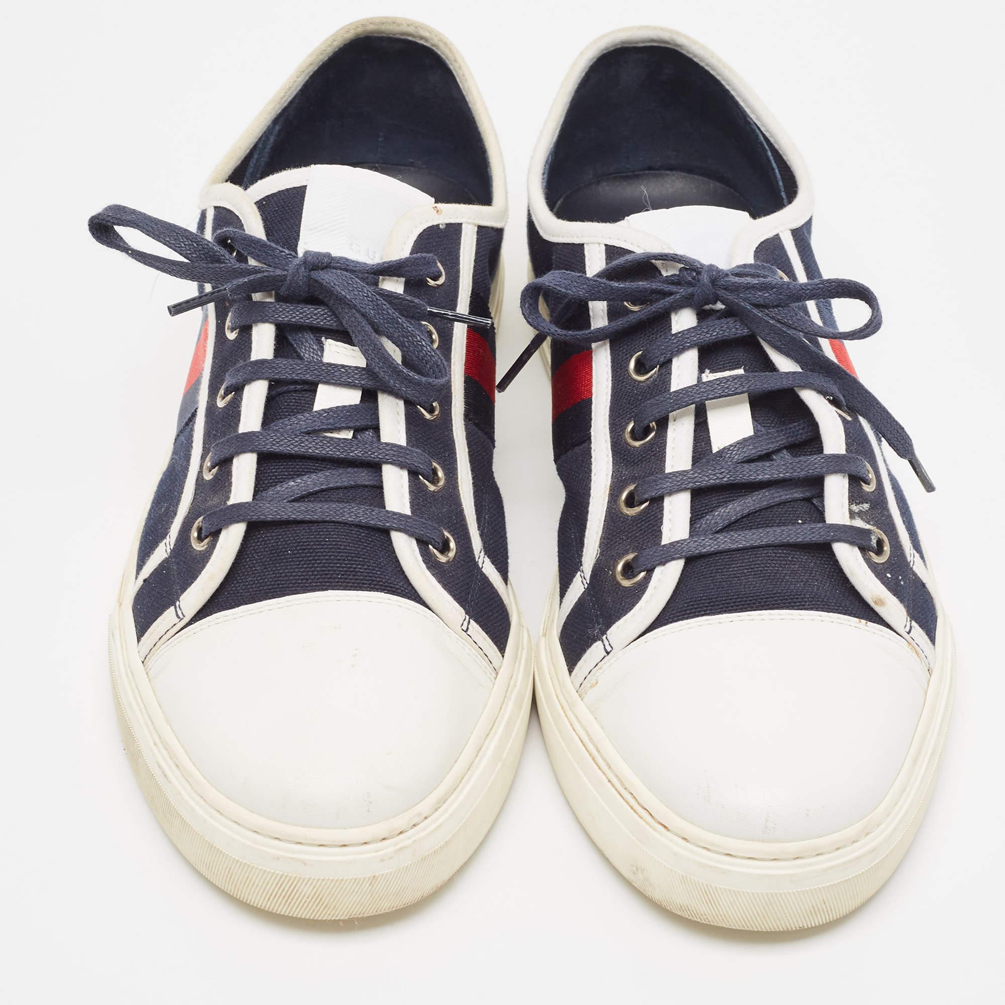 Men's Gucci Navy Blue Canvas And Leather Web Detail Lace Up Sneakers Size 44.5 For Sale
