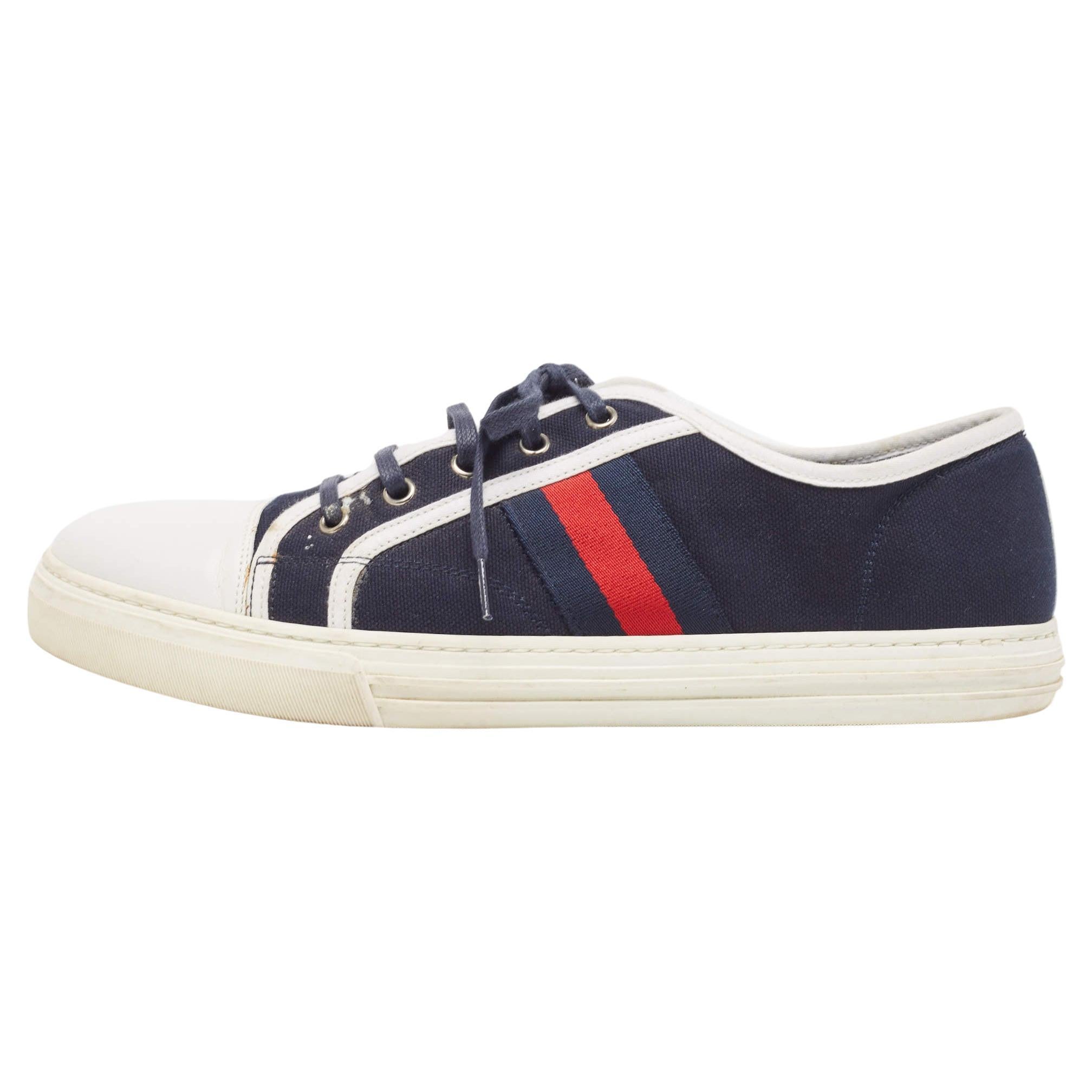 Gucci Navy Blue Canvas And Leather Web Detail Lace Up Sneakers Size 44.5 For Sale