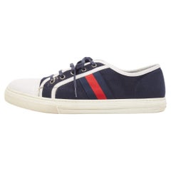 Gucci Navy Blue Canvas And Leather Web Detail Lace Up Sneakers Size 44.5