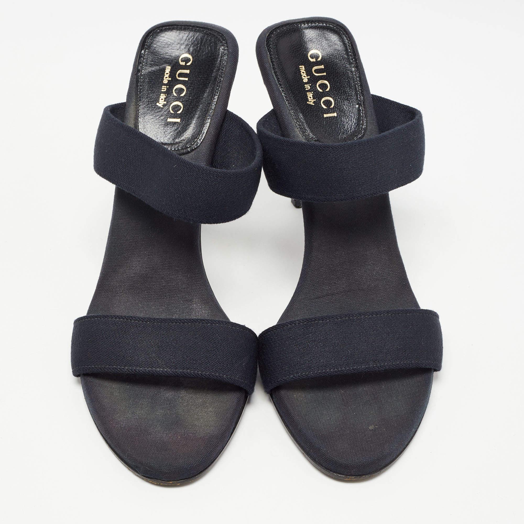 Black Gucci Navy Blue Canvas Slide Sandals Size  38.5 For Sale