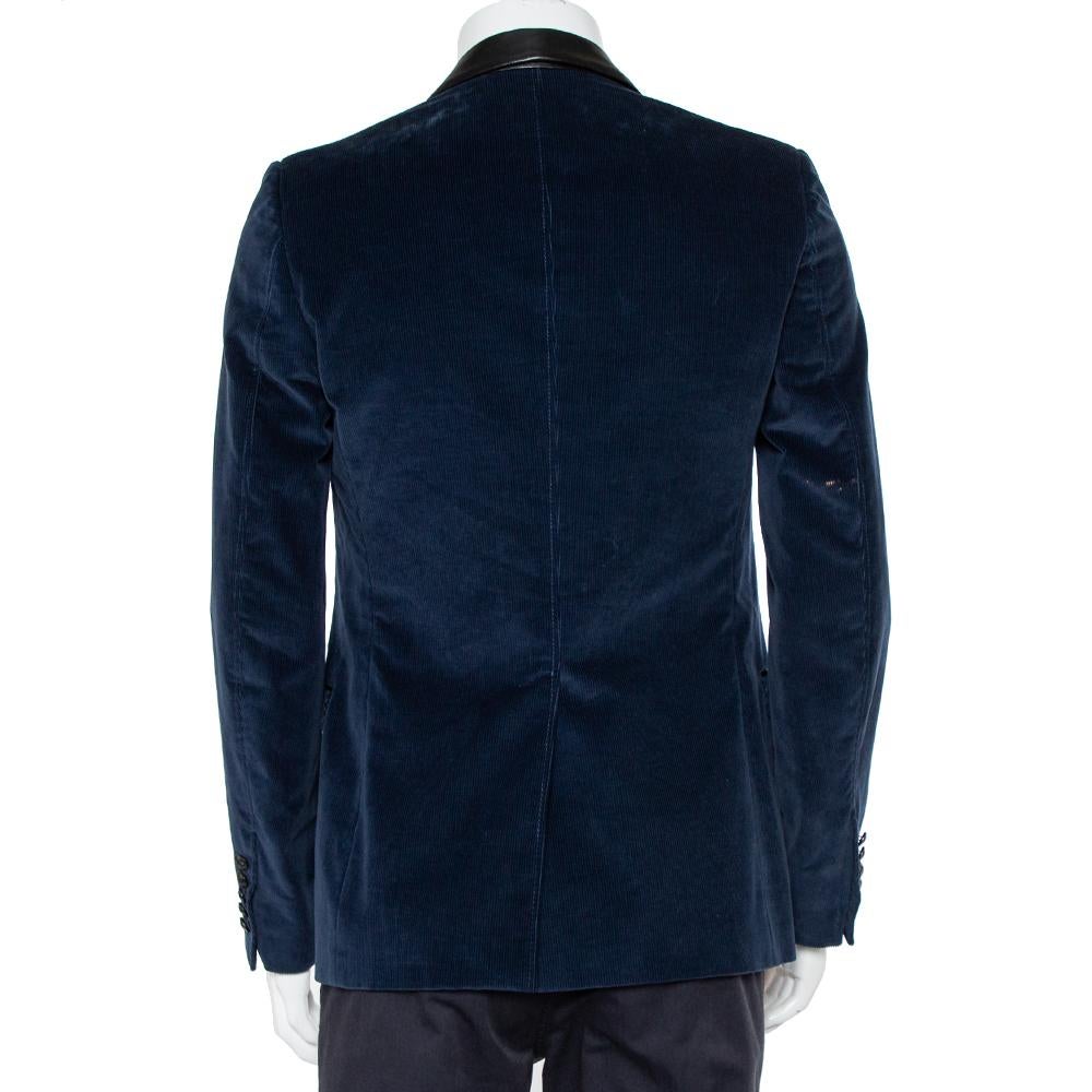 Black Gucci Navy Blue Corduroy Leather Trim Button Front Blazer M