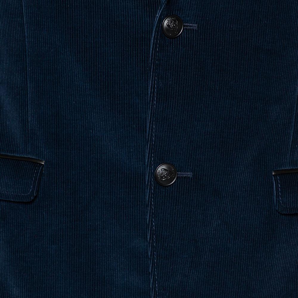 Black Gucci Navy Blue Corduroy Leather Trim Button Front Blazer M