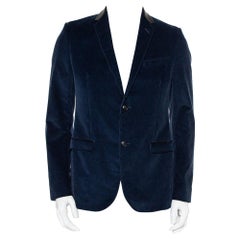 Gucci Navy Blue Corduroy Leather Trim Button Front Blazer M