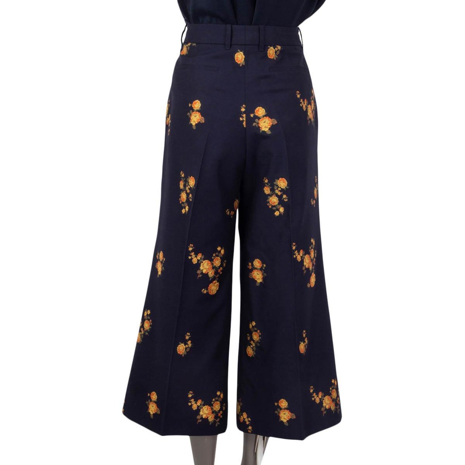 GUCCI navy blue cotton 2019 FLORAL FIL COUPE WIDE LEG CULOTTES Pants 46 XL  at 1stDibs