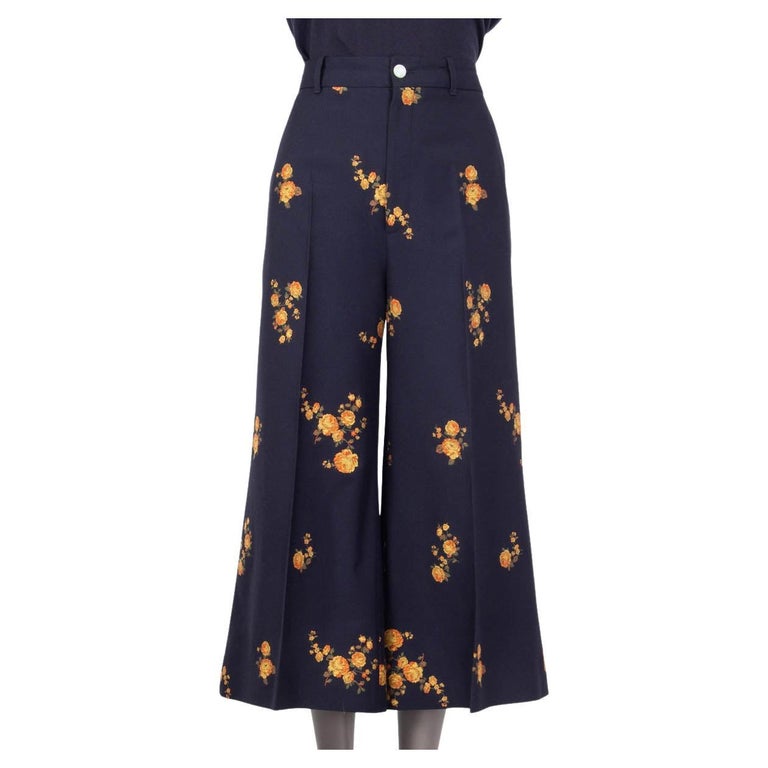 GUCCI navy blue cotton 2019 FLORAL FIL COUPE WIDE LEG CULOTTES Pants 46 XL  For Sale at 1stDibs