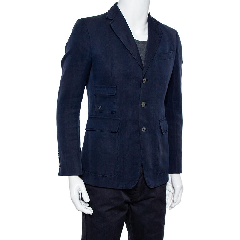 Black Gucci Navy Blue Cotton & Linen Button Front Blazer M