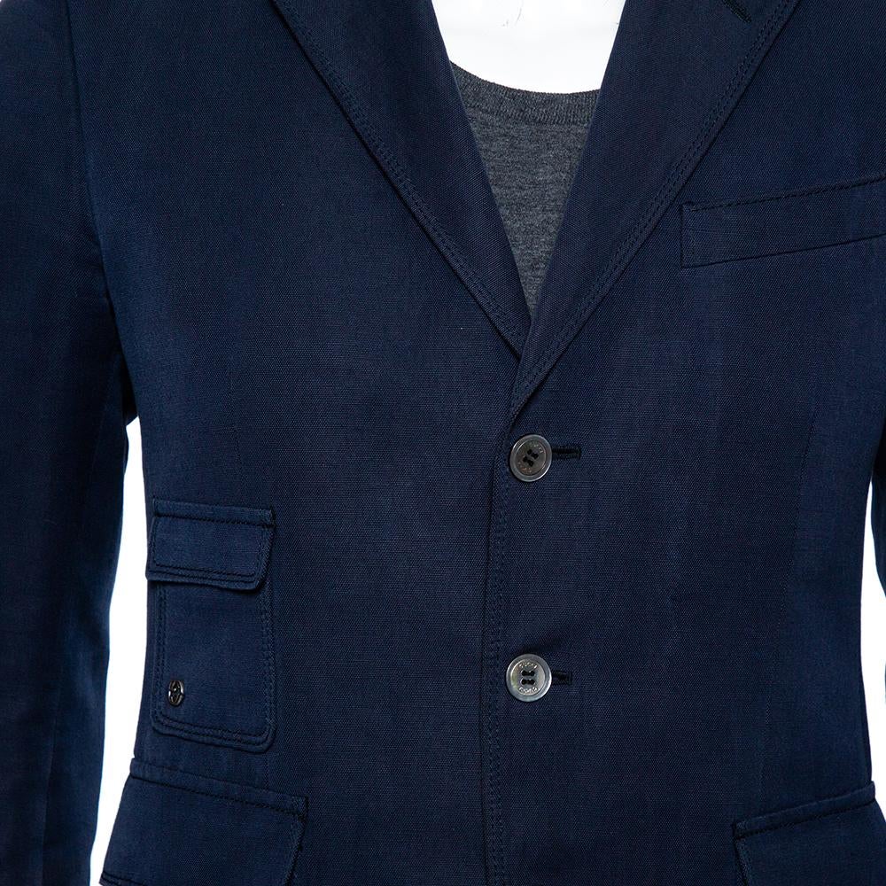 Gucci Navy Blue Cotton & Linen Button Front Blazer M In Good Condition In Dubai, Al Qouz 2