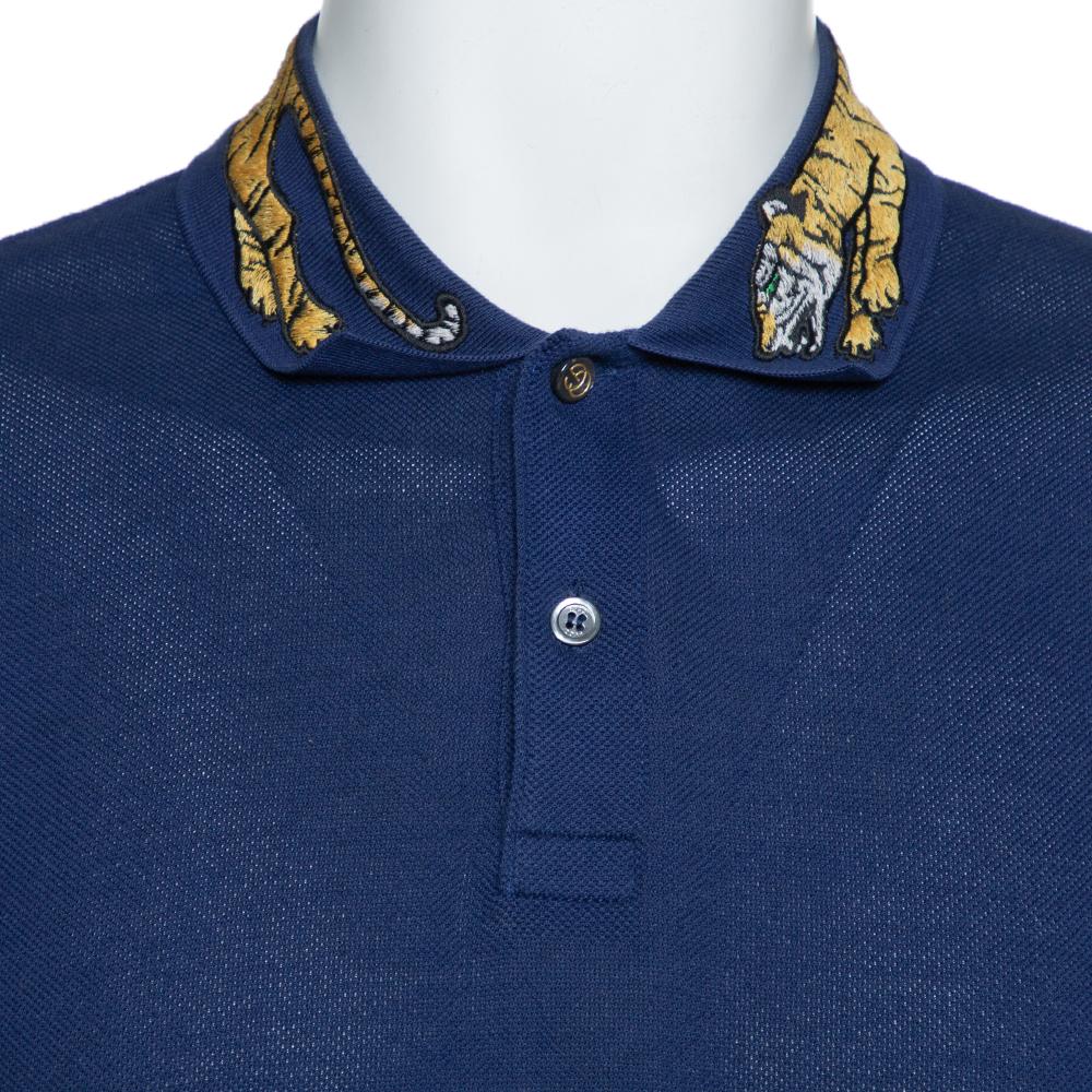 Gucci Navy Blue Cotton Pique Tiger Embroidered Collar Polo T Shirt M at 1stDibs | embroidered t shirt, gucci polo t