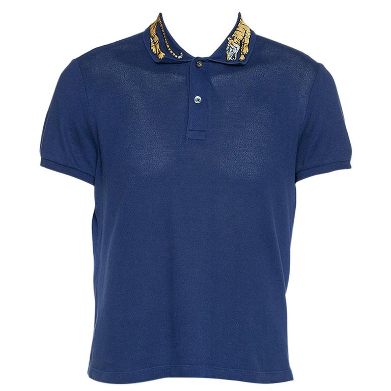 Gucci Tiger Embroidered Collar Shirt in Blue for Men