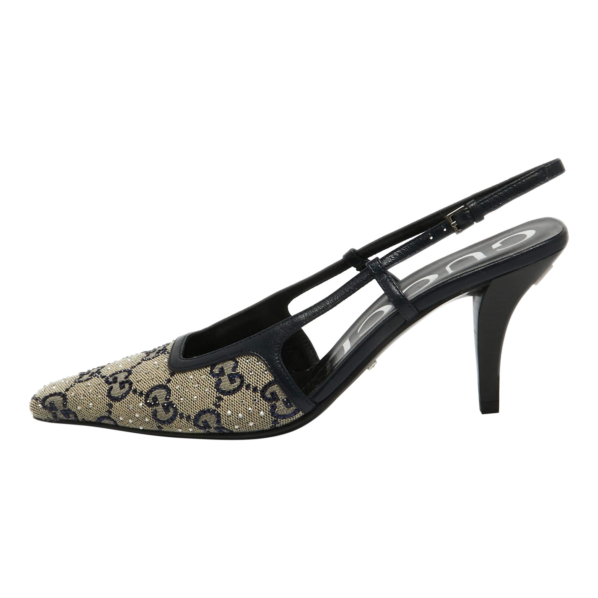Gucci Navy Blue/Cream GG Canvas and Leather Slingback Pumps Size 36.5