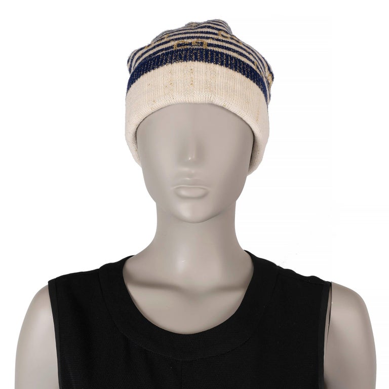 GUCCI navy blue cream gold wool GG LAMÉ Knit Beanie Hat For 