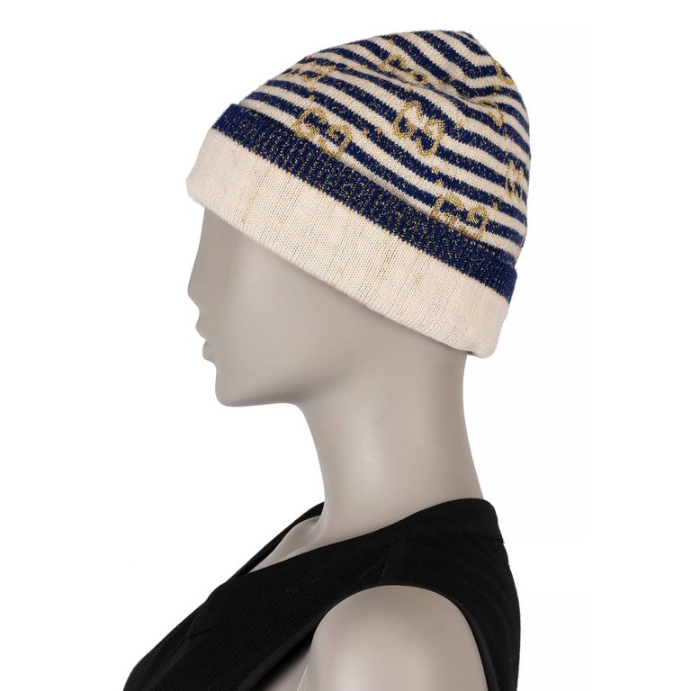 GUCCI navy blue cream gold wool GG LAMÉ Knit Beanie Hat For  display picture 1