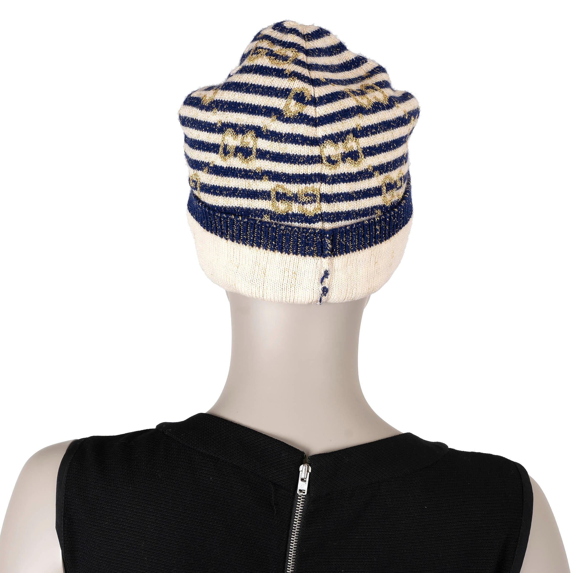 Gucci Cappello in maglia GG LAMÉ in lana blu navy crema oro In condizioni ottime in vendita a Zürich, CH