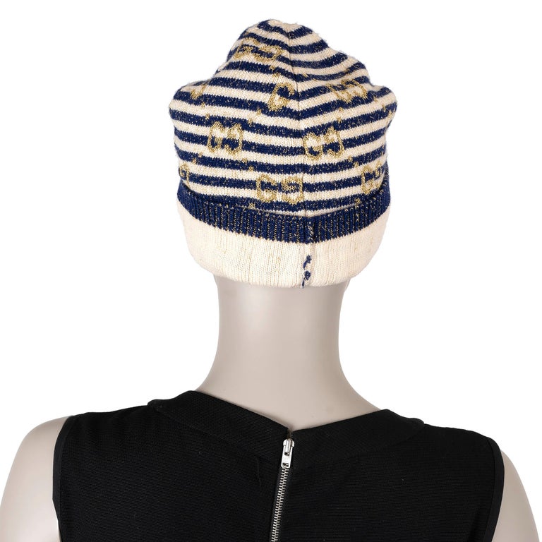 Gucci Knit Beanie in Blue and Ivory with Gold Lamé GUCCI navy blue cream gold wool GG LAMÉ Knit Beanie Hat For  main image 2