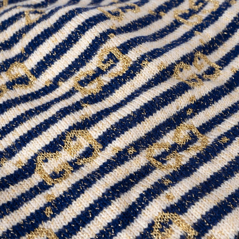 Gucci Knit Beanie in Blue and Ivory with Gold Lamé GUCCI navy blue cream gold wool GG LAMÉ Knit Beanie Hat For  main image 4