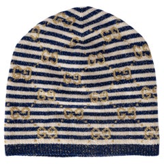 GUCCI Marineblau Creme Gold Wolle GG LAMÉ Knit Beanie Mütze