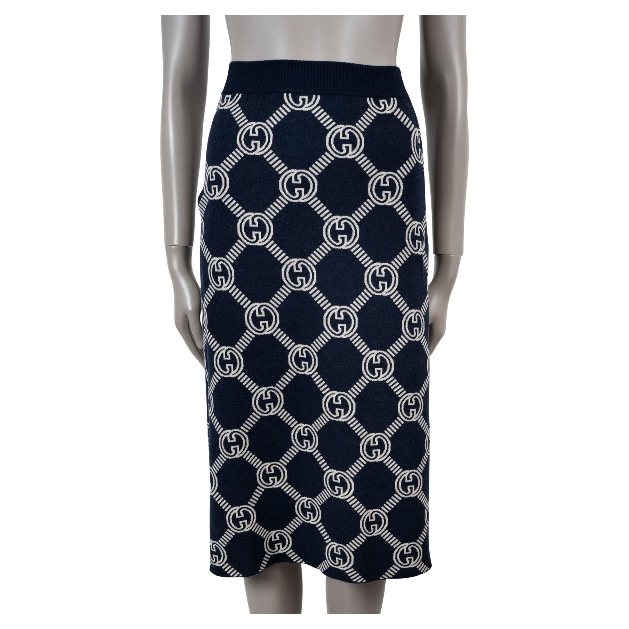 GUCCI navy blue & cream wool 2022 GG REVERSIBLE KNIT Skirt XS