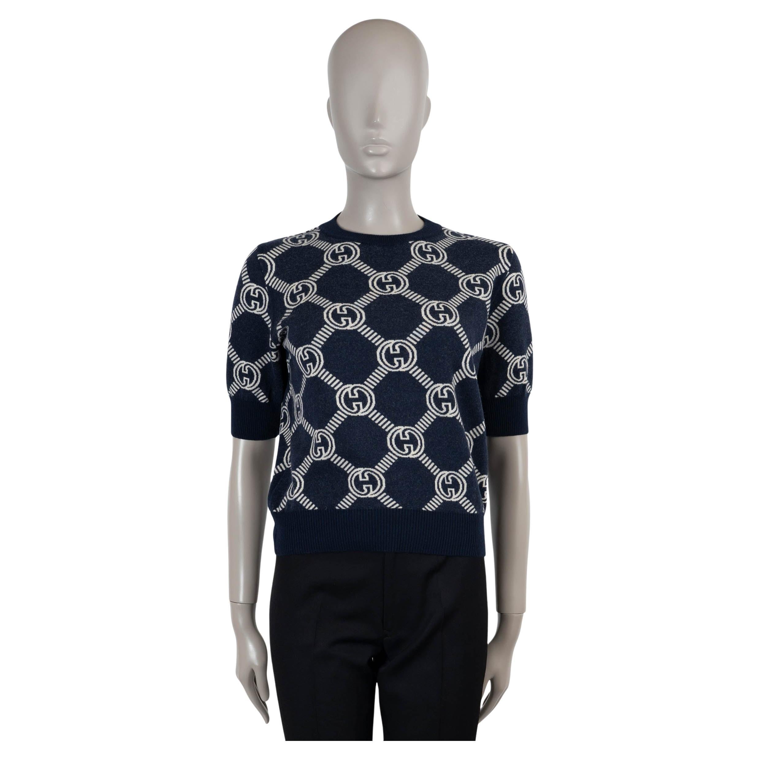 GUCCI navy blue & cream wool 2022 GG REVERSIBLE Sweater XS