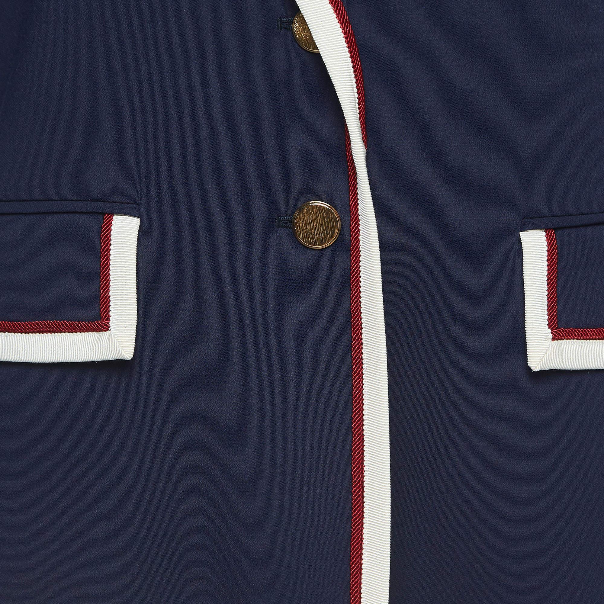 Women's Gucci Navy Blue Crepe Contrast Trim Detail Button Front Blazer M For Sale