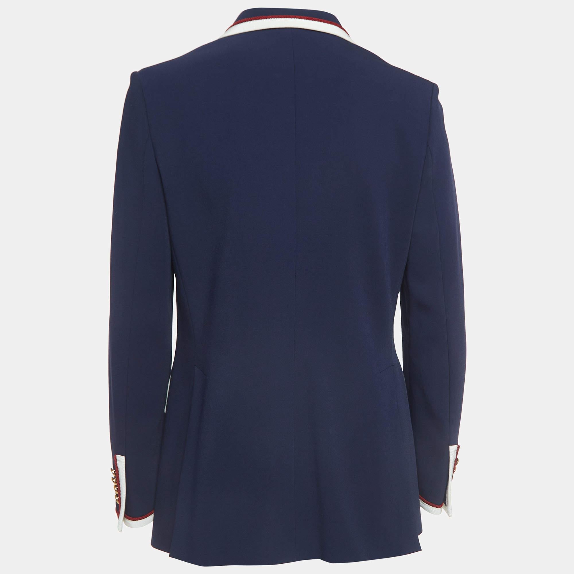 Gucci Navy Blue Crepe Contrast Trim Detail Button Front Blazer M For Sale 1