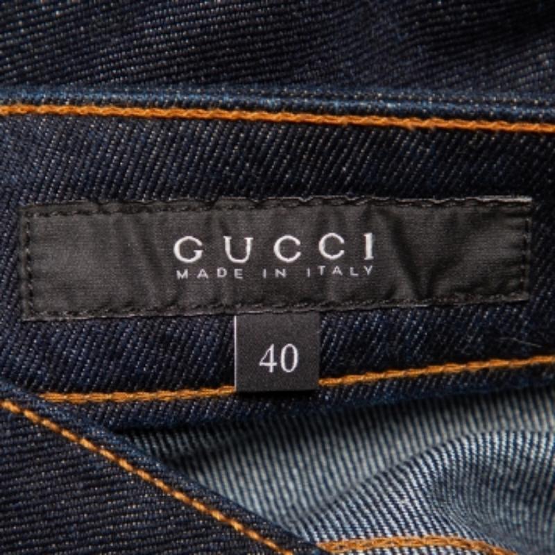 Jeans are wardrobe staples and the epitome of casual style. These Gucci jeans are perfectly tailored to deliver a straight fit that is flattering. Crafted from cotton denim, they come in a lovely shade of navy blue. They are styled with five pockets