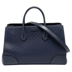 Gucci Navy Blue Diamante Leather Top Zip Shopper Tote