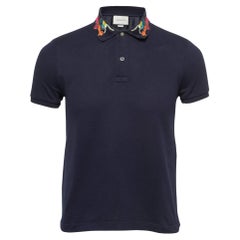 Besticktes Baumwoll- Pique-Polo-T-Shirt von Gucci in Marineblau mit Drachen