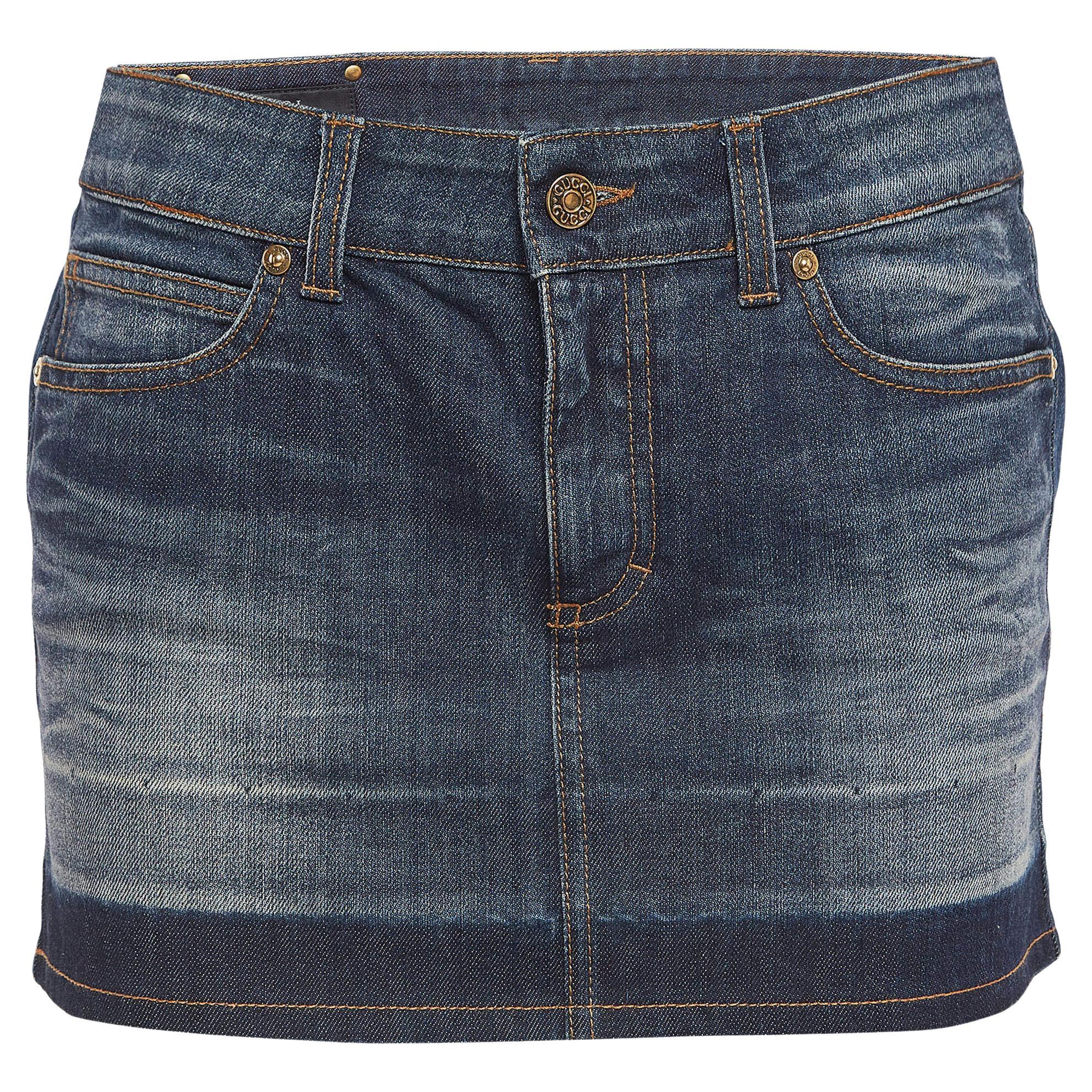 Gucci Navy Blue Faded Denim Low Rise Mini Skirt S For Sale