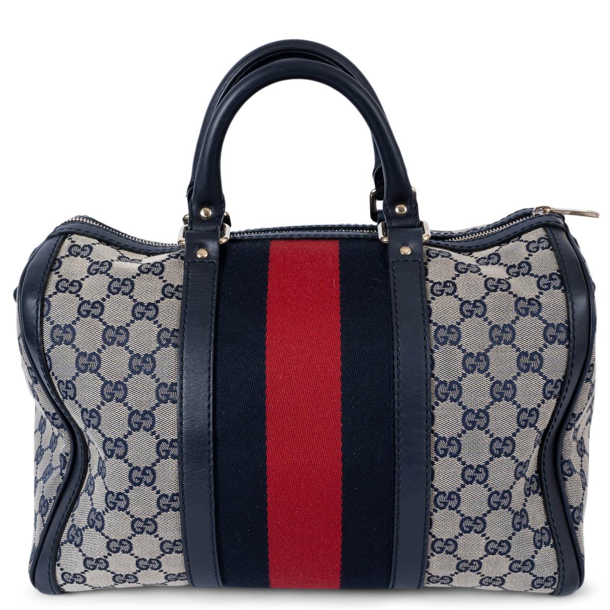 GUCCI navy blue GG canvas WEB BOSTON Shoulder Bag In Good Condition For Sale In Zürich, CH