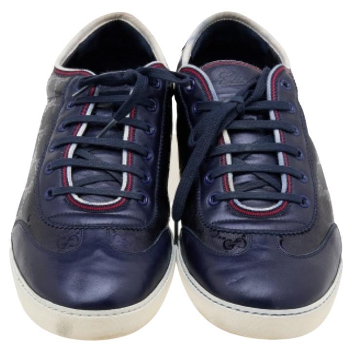 Black Gucci Navy Blue GG Imprime Canvas And Leather Low Top Sneakers Size 47 For Sale