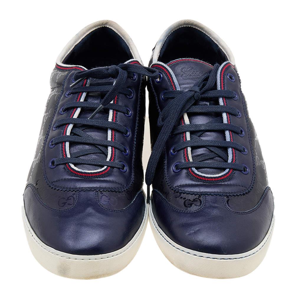 Gucci Navy Blue GG Imprime Canvas And Leather Low Top Sneakers Size 47 For Sale 2