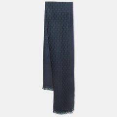 Gucci Navy Blue GG Jacquard Wool Fringed Scarf