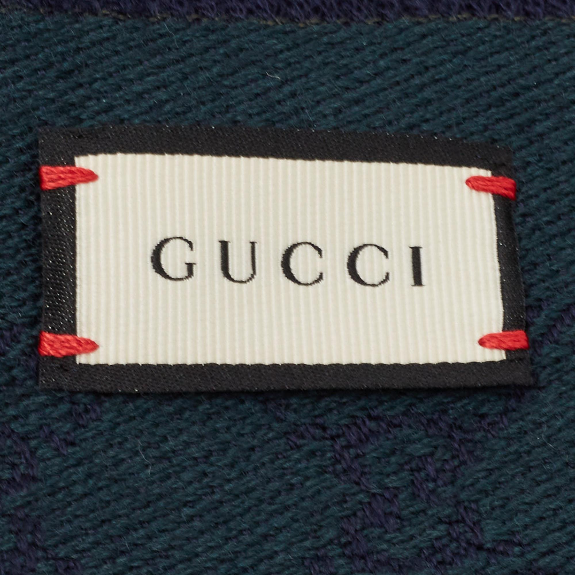 Black Gucci Navy Blue GG Jacquard Wool Fringed Scarf