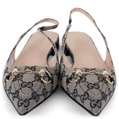 GUCCI navy blue GG Monogram canvas 2024 HORSEBIT Slingback Flats Shoes 39