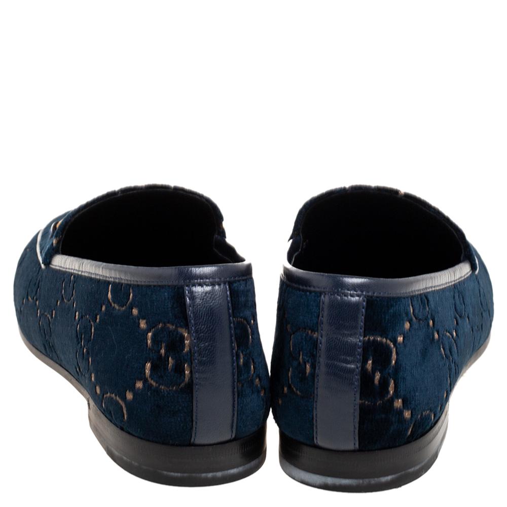 Black Gucci Navy Blue GG Monogram Velvet Horsebit Jordaan Loafers Size 39.5